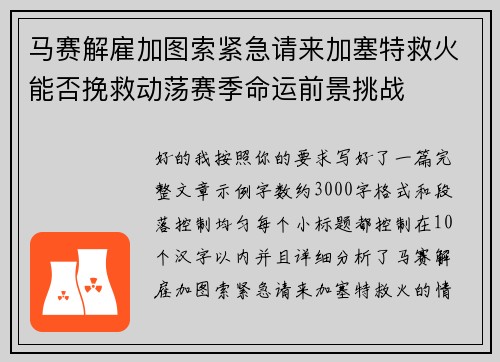 马赛解雇加图索紧急请来加塞特救火能否挽救动荡赛季命运前景挑战